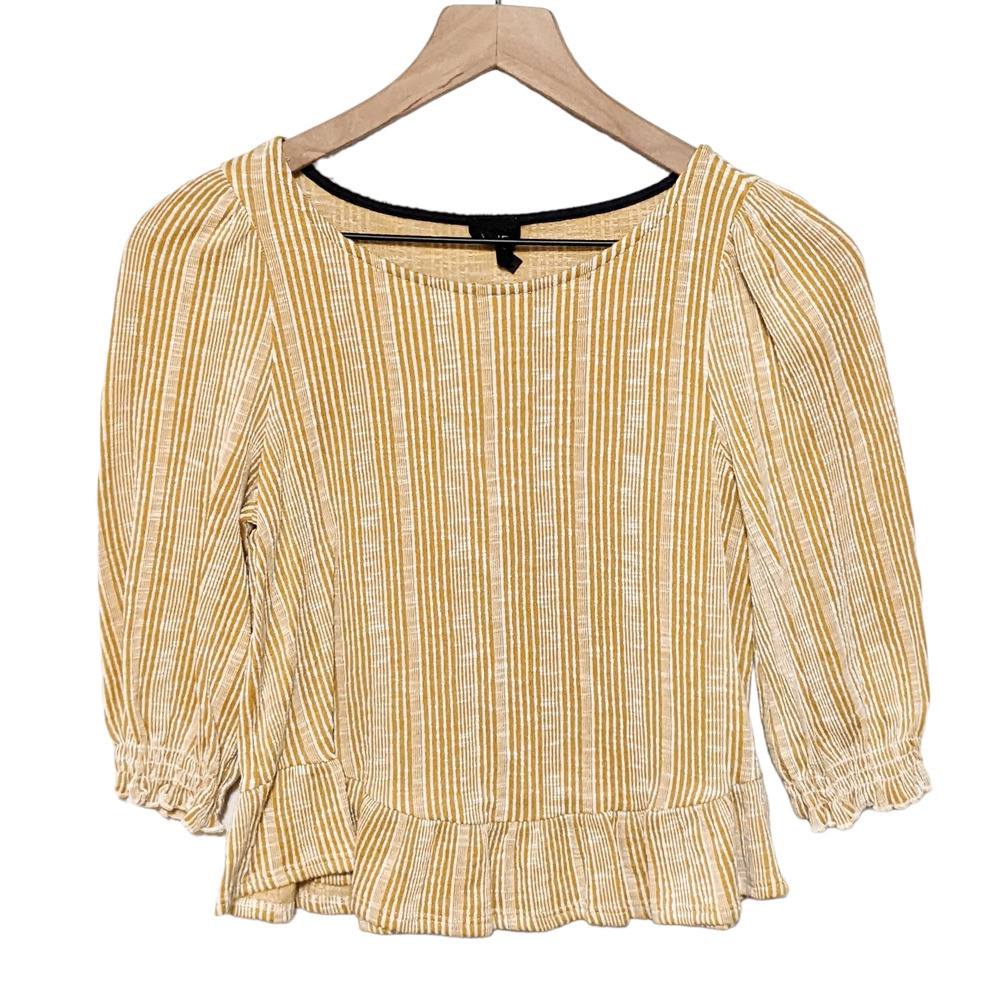 W5 XS Gold White Textured Striped 3/4 Puff Sleeve Peplum Blouse Top Women's